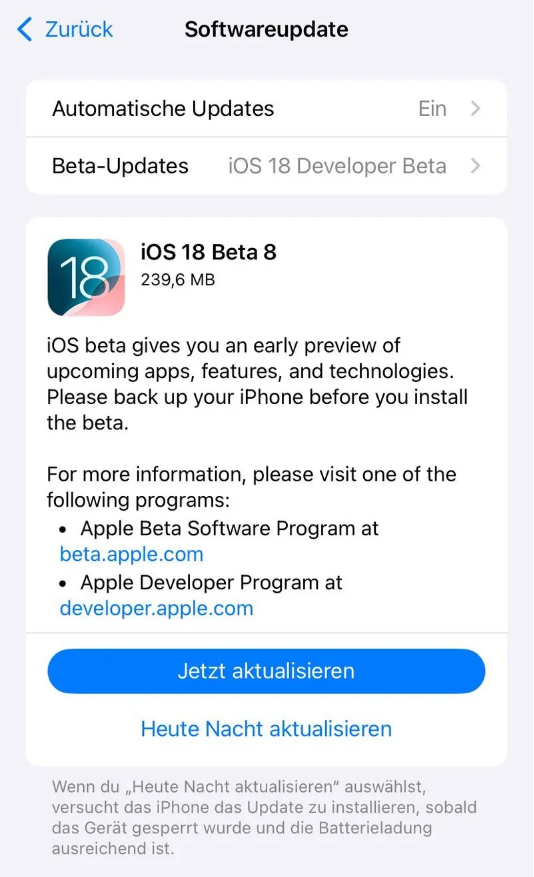 夏邑苹果手机维修分享苹果 iOS / iPadOS 18 开发者预览版 Beta 8 发布 